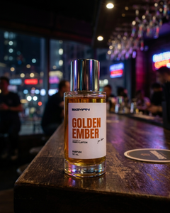 GOLDEN EMBER SIGMAN perfume bottle, warm amber smoky unisex fragrance